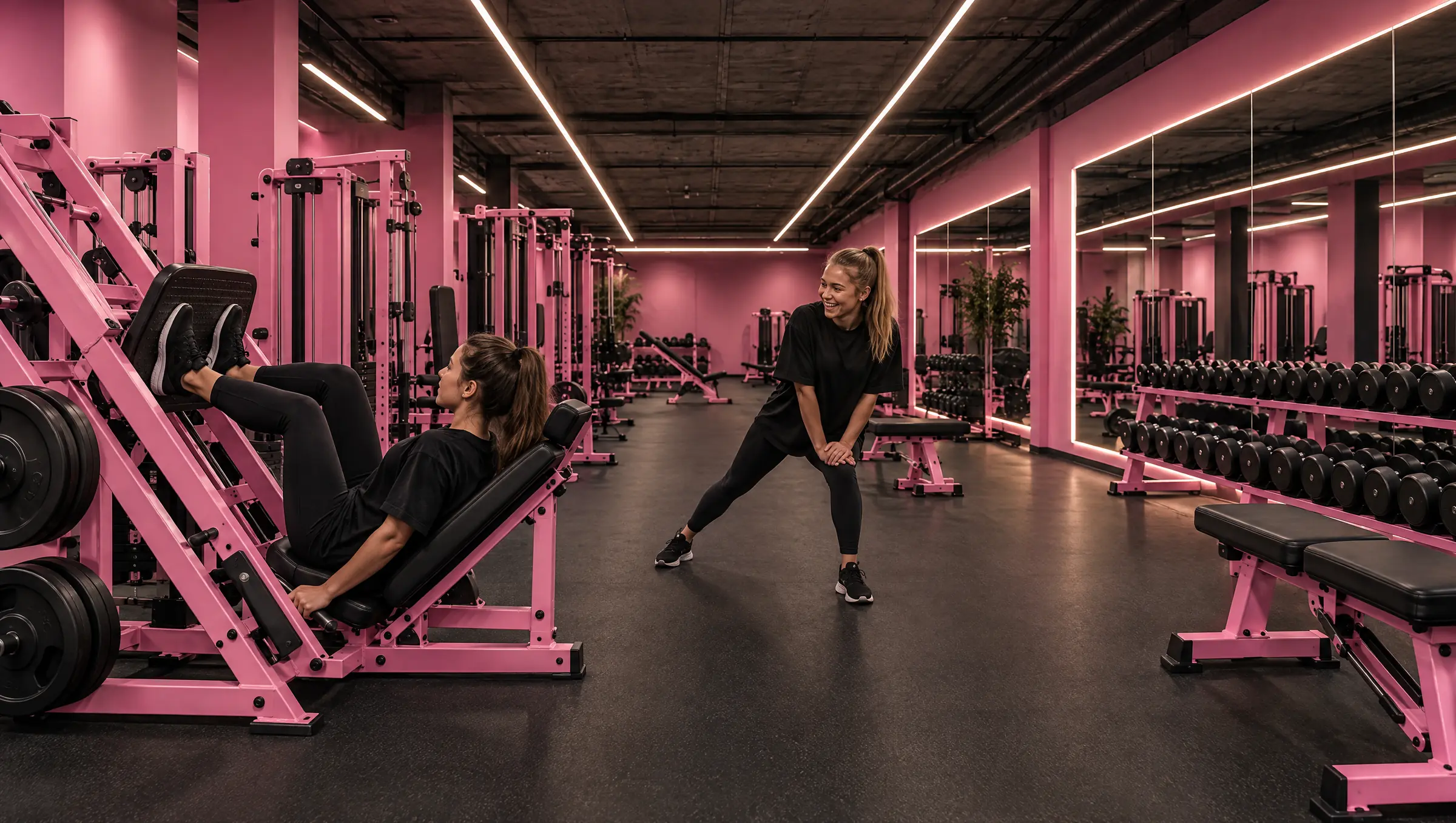 Konceptbild av Girls Zone: rosa väggar, rosa maskinramar med svarta säten och två tjejer som tränar.